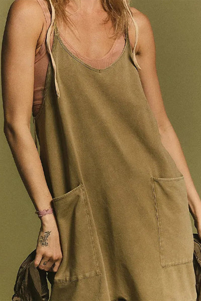 Casual Simplicity Solid Pocket V Neck Loose Jumpsuits