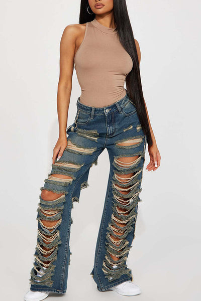 Street Solid Ripped Patchwork High Waist Denim Jeans