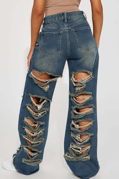 Street Solid Ripped Patchwork High Waist Denim Jeans