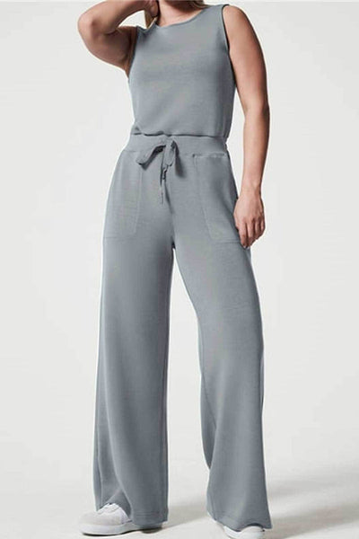 Casual Simplicity Solid Pocket O Neck Loose Jumpsuits