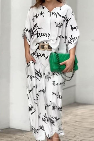 Street Elegant Letter Print Pocket Without Belt V Neck Two Pieces