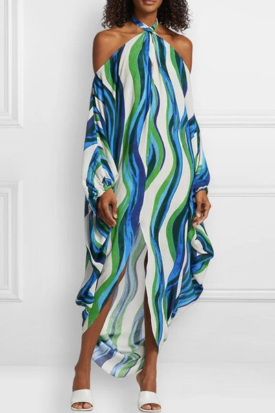 Sexy Vacation Striped Contrast Halter Irregular Dress Dresses