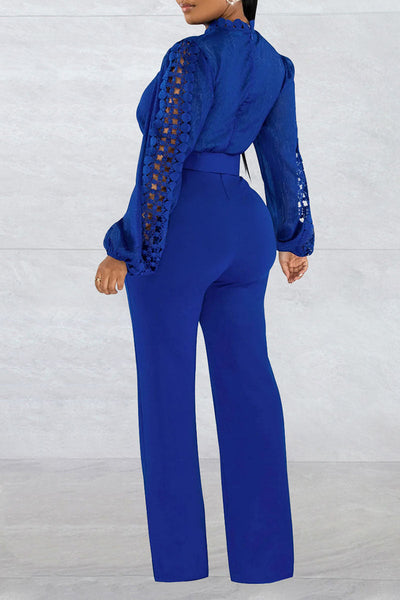 Casual Solid Hollowed Out Patchwork With Belt O Neck Straight Jumpsuits(With A Belt)