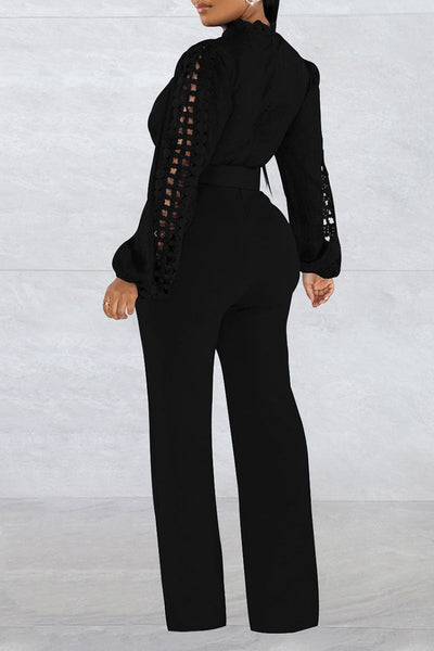 Casual Solid Hollowed Out Patchwork With Belt O Neck Straight Jumpsuits(With A Belt)