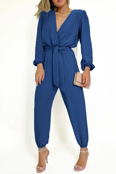 Casual Simplicity Solid Frenulum V Neck Regular Jumpsuits