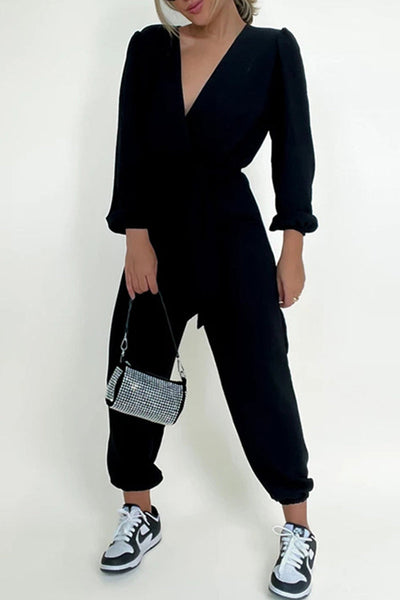 Casual Simplicity Solid Frenulum V Neck Regular Jumpsuits