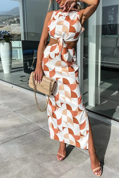 Sexy Celebrities Geometric Print Backless Slit O Neck A Line Dresses