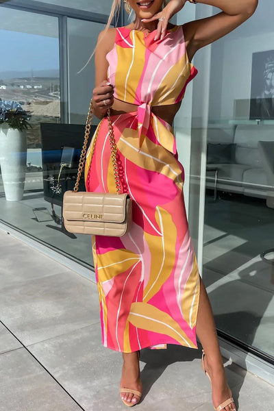 Sexy Celebrities Geometric Print Backless Slit O Neck A Line Dresses