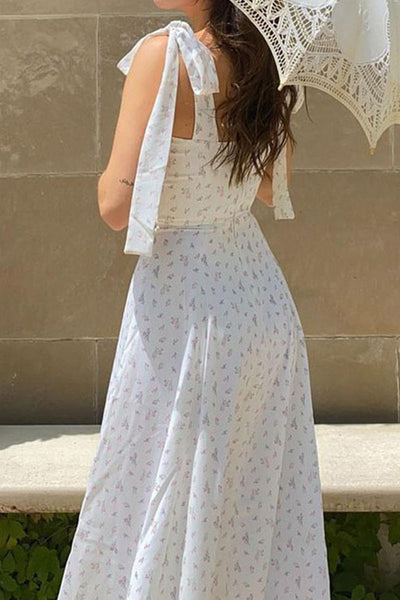 Sweet Elegant Print Slit V Neck Waist Skirt Dresses