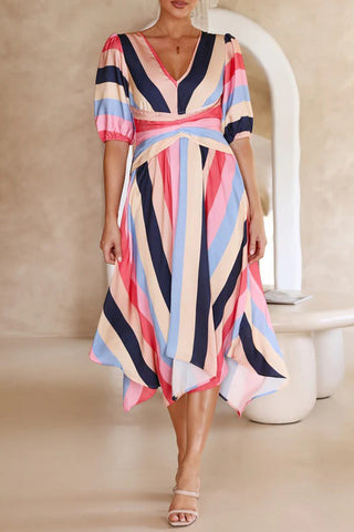 Casual Striped Print Asymmetrical V Neck A Line Dresses