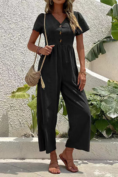 Casual Solid Buttons V Neck Loose Jumpsuits