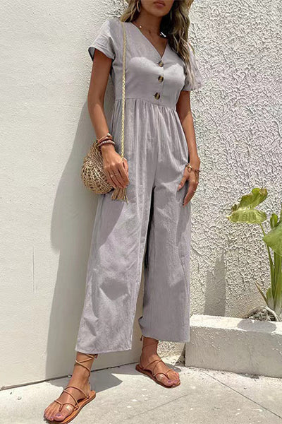 Casual Solid Buttons V Neck Loose Jumpsuits