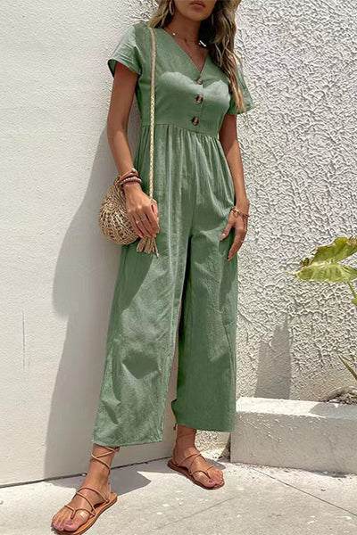 Casual Solid Buttons V Neck Loose Jumpsuits