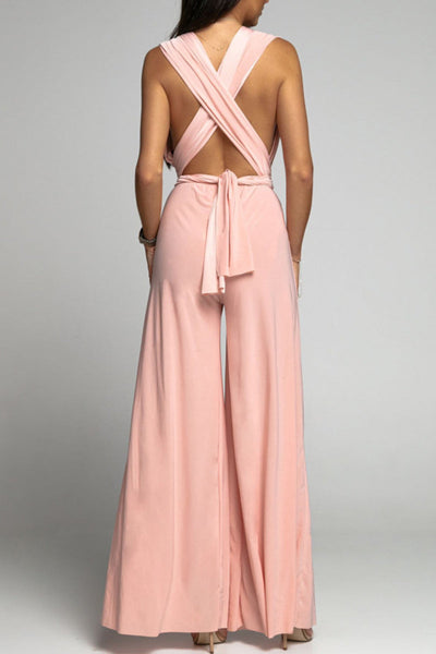 Casual Elegant Solid Backless Cross Straps V Neck Jumpsuits