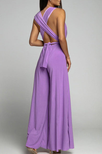 Casual Elegant Solid Backless Cross Straps V Neck Jumpsuits