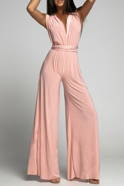 Casual Elegant Solid Backless Cross Straps V Neck Jumpsuits