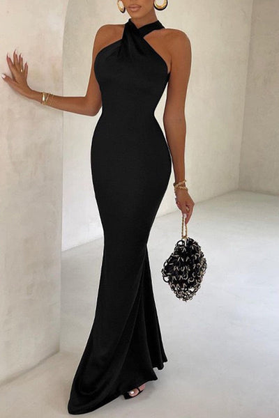 Elegant Formal Solid Backless Halter Trumpet Mermaid Dresses