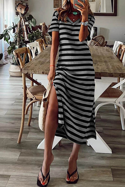 Casual Striped Patchwork V Neck A Line Short Sleeve Dress