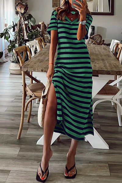 Casual Striped Patchwork V Neck A Line Short Sleeve Dress