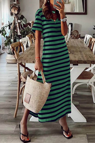 Casual Striped Patchwork V Neck A Line Short Sleeve Dress