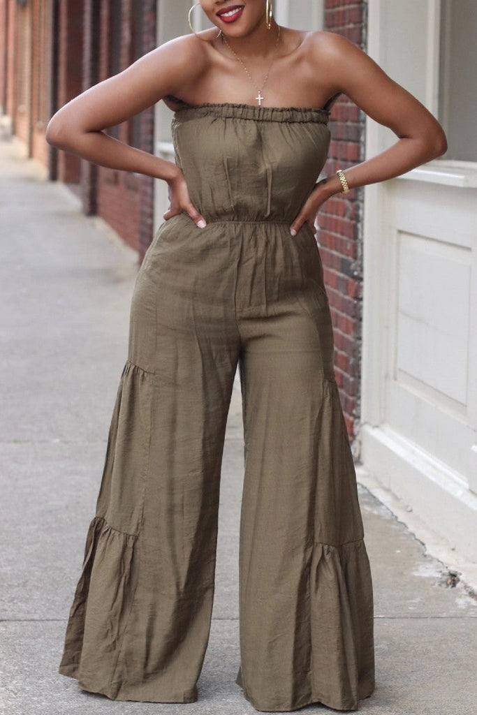 Casual Solid Backless Strapless Regular Jumpsuits