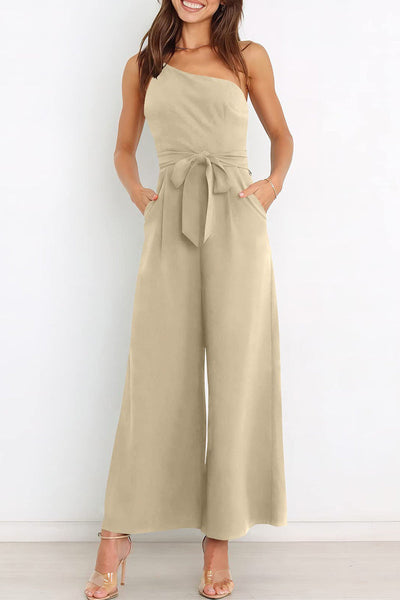 Casual Simplicity Solid Bandage Oblique Collar Straight Jumpsuits