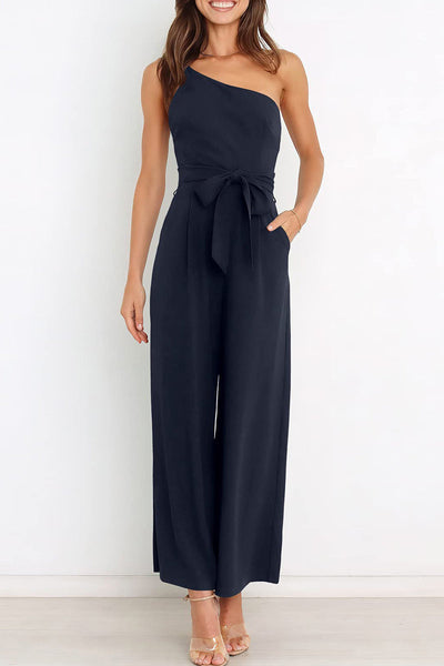 Casual Simplicity Solid Bandage Oblique Collar Straight Jumpsuits