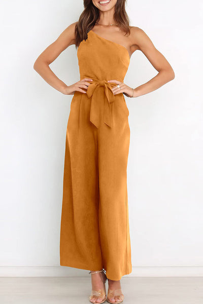 Casual Simplicity Solid Bandage Oblique Collar Straight Jumpsuits