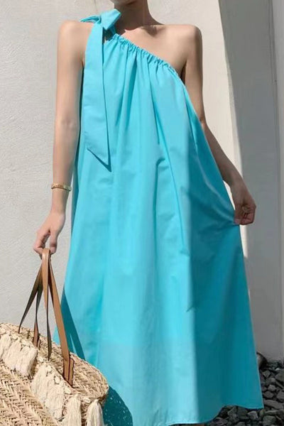 Casual Solid Frenulum Oblique Collar Sleeveless Dress Dresses