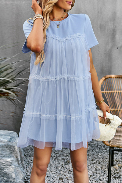 Sweet Elegant Solid Mesh O Neck Short Sleeve Dress