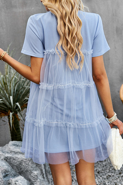 Sweet Elegant Solid Mesh O Neck Short Sleeve Dress