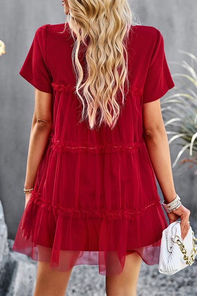 Sweet Elegant Solid Mesh O Neck Short Sleeve Dress