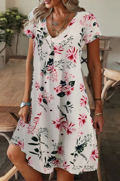 Casual Print Patchwork V Neck A Line Short Sleeve Dress