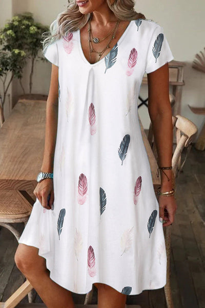 Casual Print Patchwork V Neck A Line Short Sleeve Dress