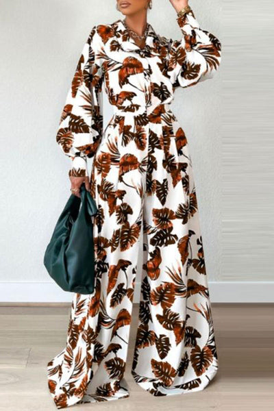 Casual Floral Patchwork Turndown Collar Long Sleeve Two Pieces