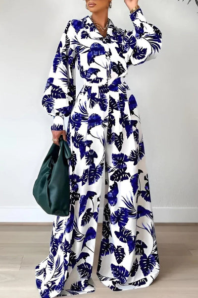 Casual Floral Patchwork Turndown Collar Long Sleeve Two Pieces