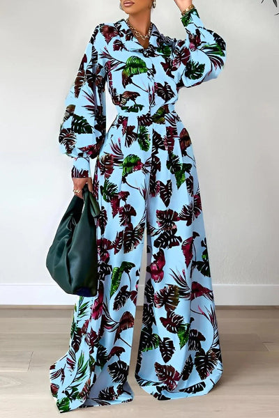 Casual Floral Patchwork Turndown Collar Long Sleeve Two Pieces