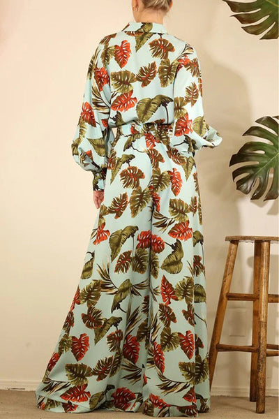 Casual Floral Patchwork Turndown Collar Long Sleeve Two Pieces