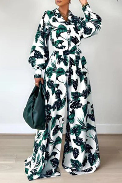 Casual Floral Patchwork Turndown Collar Long Sleeve Two Pieces