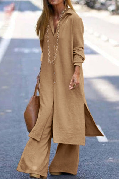 Casual Solid Buttons Turndown Collar Long Sleeve Two Pieces