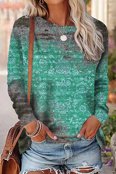 Casual Print Patchwork O Neck Tops