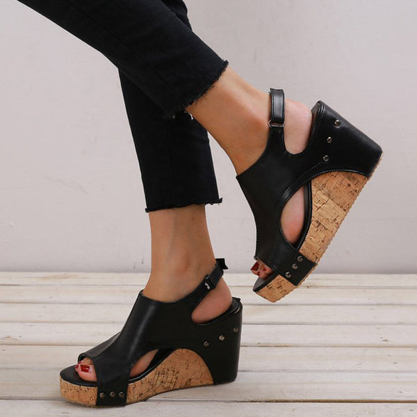 Casual Simplicity Patchwork Fish Mouth Wedges Shoes