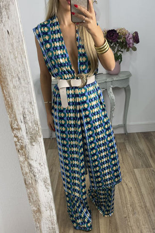 Casual Geometric With Belt Printing V Neck Sleeveless Two Pieces