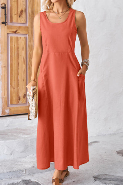 Solid Pocket U Neck Sleeveless Dress Dresses