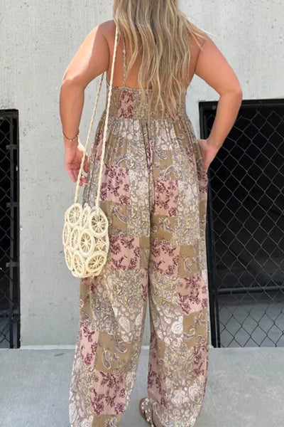 Casual Floral Pocket V Neck Loose Jumpsuits