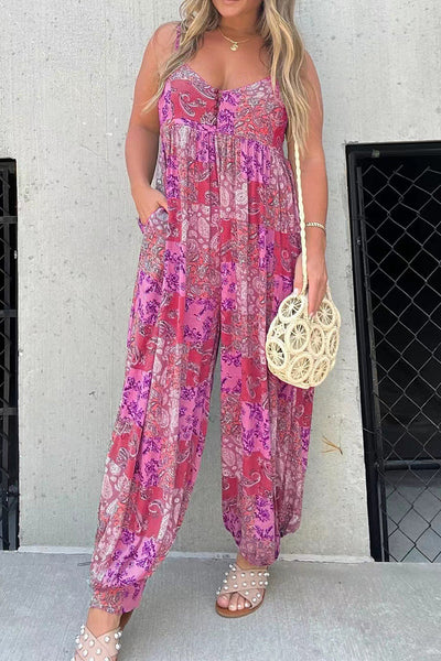 Casual Floral Pocket V Neck Loose Jumpsuits