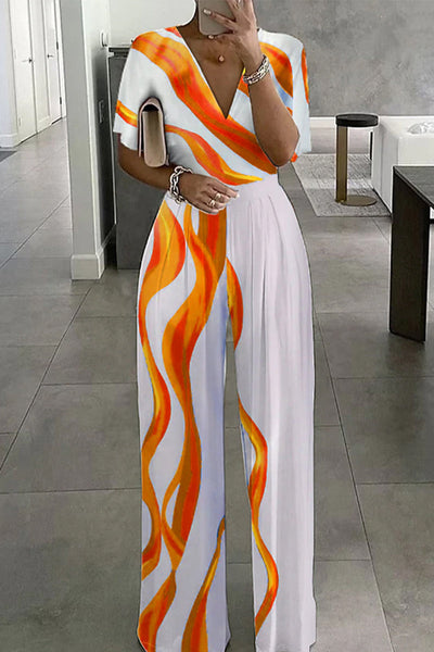 Casual Geometric Printing V Neck Loose Jumpsuits