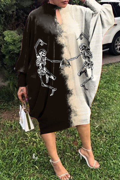 Casual Print Hollowed Out Patchwork Half A Turtleneck Long Sleeve Dresses