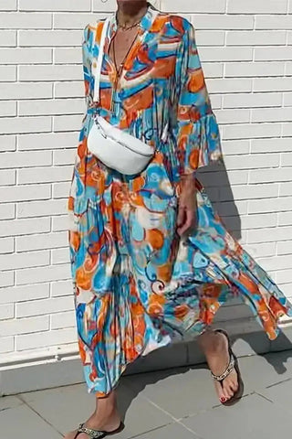 Casual Print Patchwork V Neck A Line Dresses