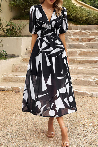 Elegant Print Patchwork V Neck A Line Dresses